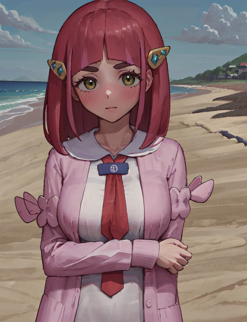 (masterpiece, best quality, hi res:1.2), 1girl, (solo:1.2), pklacey, <lora:Lacey Pokemon (pklacey):0.7>, beach, detailed skin, wjs07, <lora:wjs07:1>, pink hair, coat, white shirt, open clothes, necktie