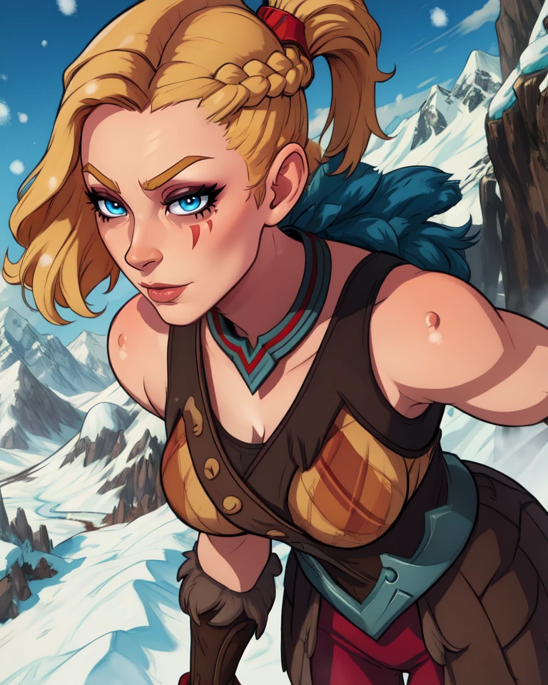 Tyra,blond hair,braid,red check tattoo,blue eyes,smug,solo,
armor,boots,gloves,bare shoulders,
upper body,standing,s,
fantasy,snow mountain,
(insanely detailed, beautiful detailed face, masterpiece, beautiful detailed eyes, best quality),<lora:Tyra-10PLDv7:0.8>,