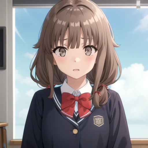 ((masterpiece)),(best quality),official art,extremely detailed CG,unity 8k wallpaper,ultra detailed,A lighthouse on a cliff by the sea,1girl,solo,upper body,(portrait:1.2),brown_hair,collared_shirt,school_uniform,sidelocks,low_twintails,brown_eyes,red_bow,black_jacket,white_shirt,red_skirt,red_bowtie,blazer,plaid_skirt,long_sleeves,twintails,pleated_skirt,long_hair,white socks,loafers,<lora:Azusagawa Kaede(sby)>,