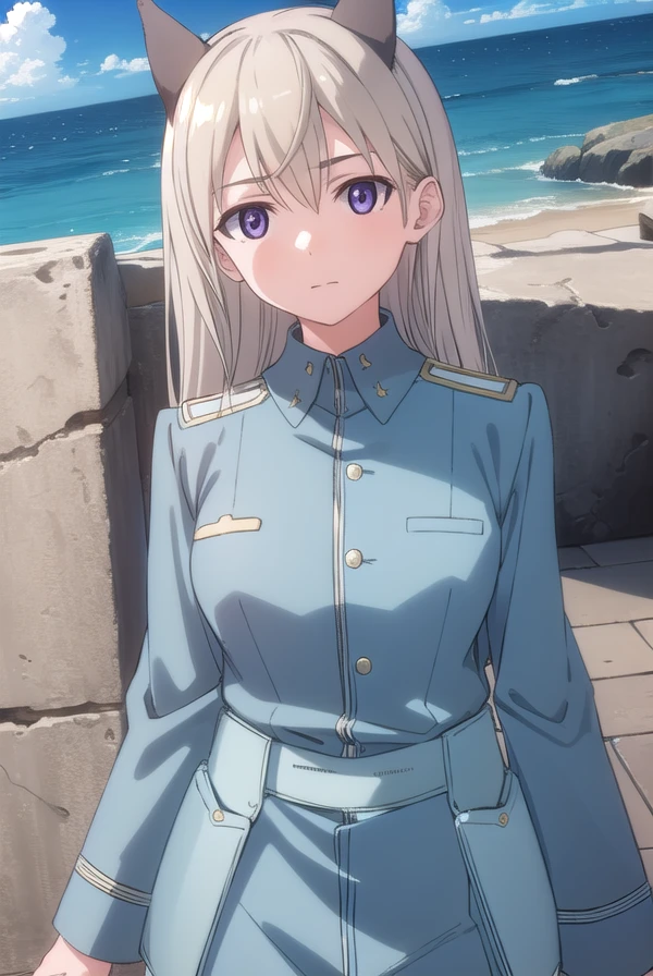 eilailmatarjuutilainen, <lora:eila ilmatar juutilainen anime-lora-nochekaiser:1>,
eila ilmatar juutilainen, long hair, (purple eyes:1.1), blonde hair, animal ears, fox ears, fox girl,
BREAK uniform, military, military uniform,
BREAK outdoors, ship, ocean, sun, sky, clouds,
BREAK looking at viewer, (cowboy shot:1.5),
BREAK <lyco:GoodHands-beta2:1>, (masterpiece:1.2), best quality, high resolution, unity 8k wallpaper, (illustration:0.8), (beautiful detailed eyes:1.6), extremely detailed face, perfect lighting, extremely detailed CG, (perfect hands, perfect anatomy),