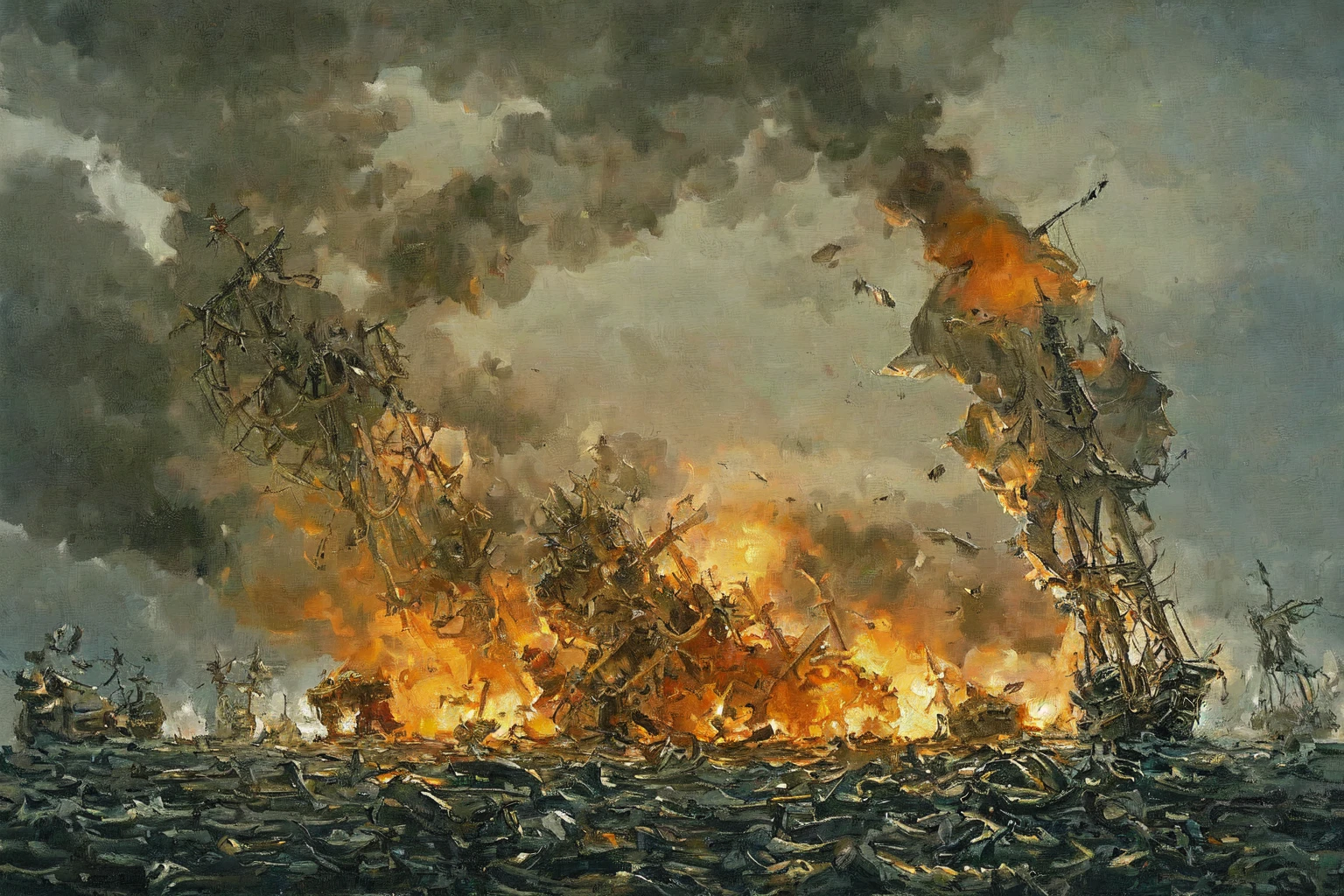 battle, burning ships, night action, wreckage, heavy seas, oil painting