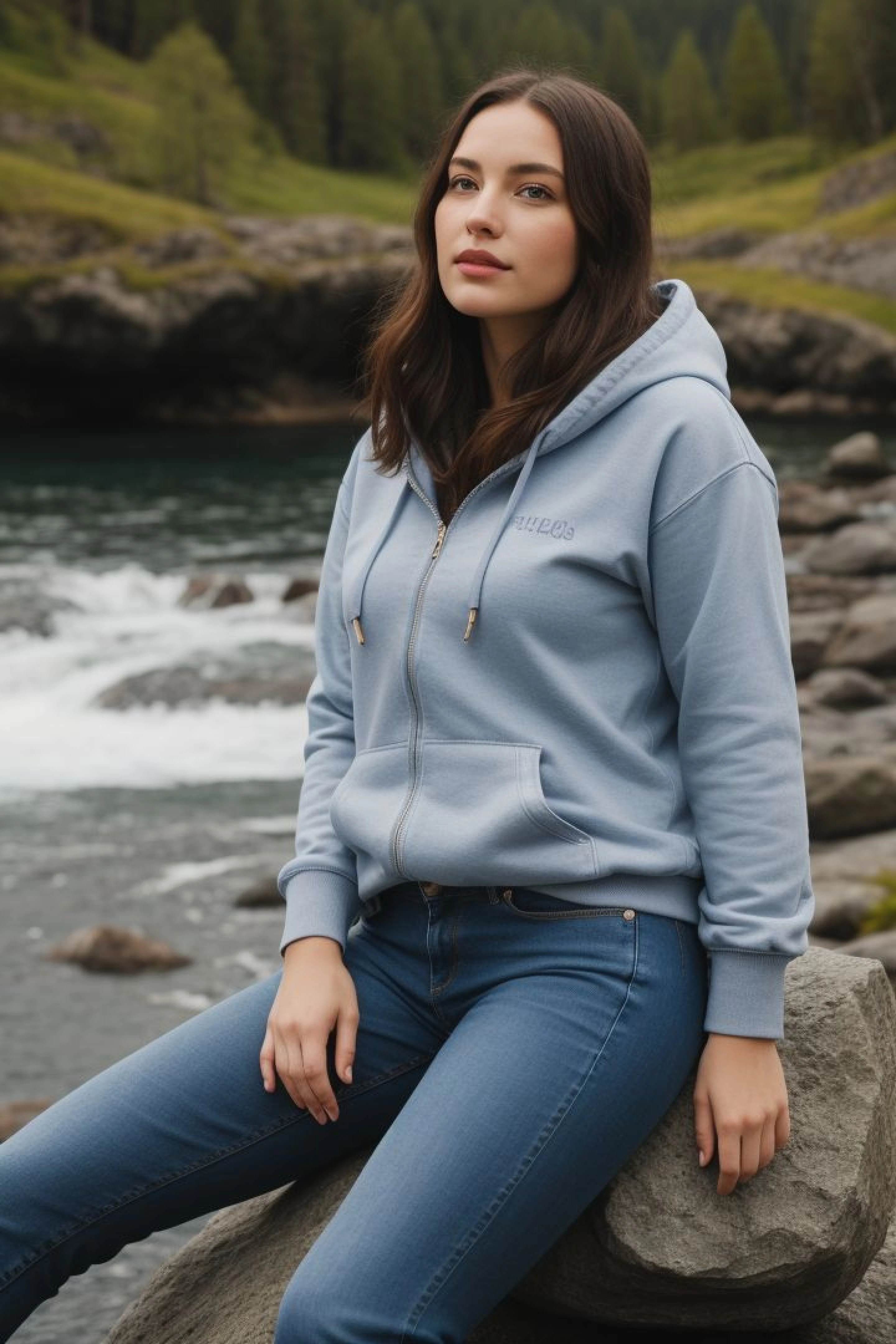 masterpiece, best quality, ohwx woman wearing wide blue jeans and a grey hoodie, she's sitting on a rock in Norway, view from below