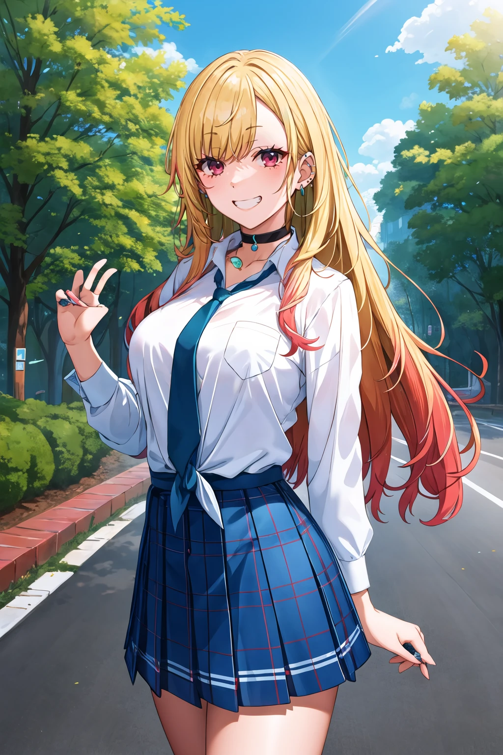 masterpiece, best quality, highres, kitagawa marin, 1girl, blonde hair, long hair, multicolored hair, red eyes, jewelry, earrings, piercing, school uniform, white shirt, tied shirt, black choker, blue necktie, plaid skirt, <lora:kitagawa_marin_v1-1:0.7>, grin, smile, standing, cowboy shot, outdoors, <lora:Suruga-Style-v2_295632:1>
