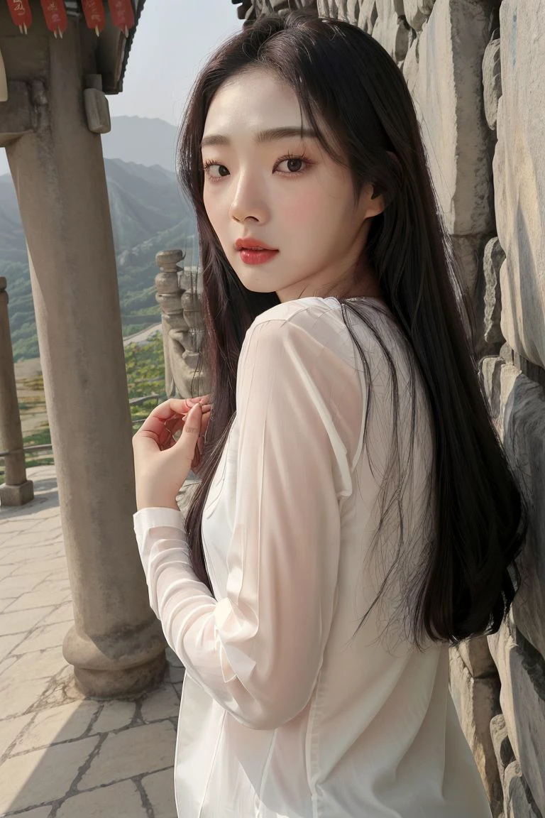 <lora:yangjeehyeon_obj20:0.7 >, full_body, standing, sandals, (shirt), pants, (great wall of china), (yangjeehyeon: 1.2), perfect face, (contact iris: 1.1), pale skin, skin pores , depth of field