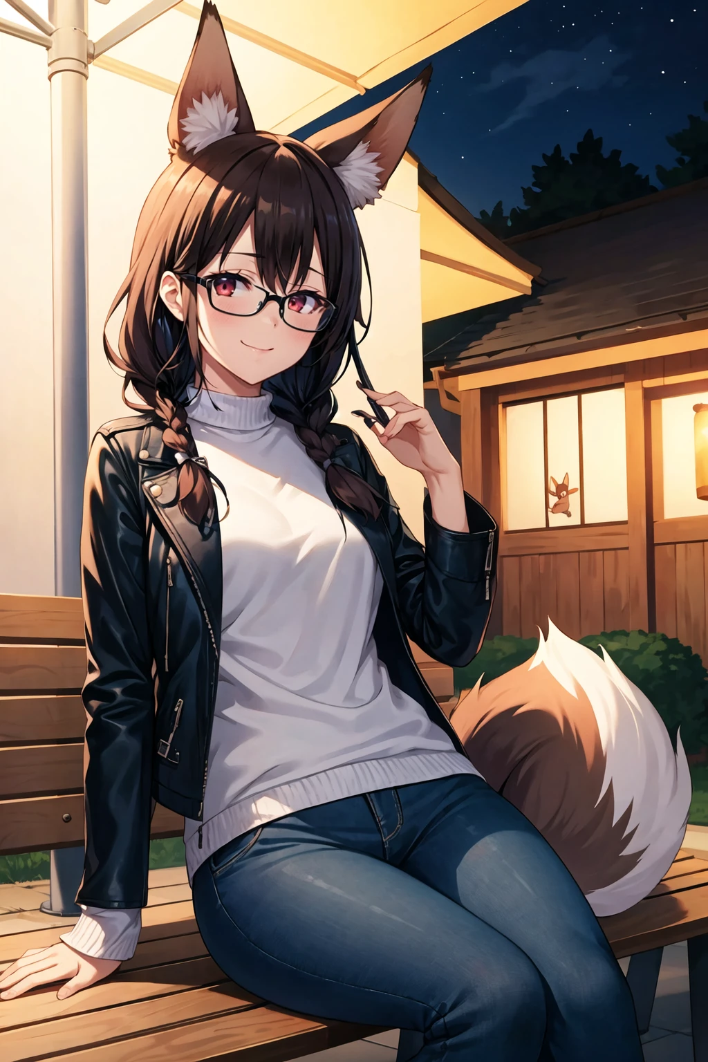 1girl, solo, sidelocks, twinbraids, black hair, red eyes, smug, smirk, glasses, sitting, bench, partk, at night, long hair, white sweater, leather jacket, black jacket, fox girl, fox ears, fox tail, jeans, black tail,thigh strap, skindentation <lora:Munyuu-Style_77784:1>