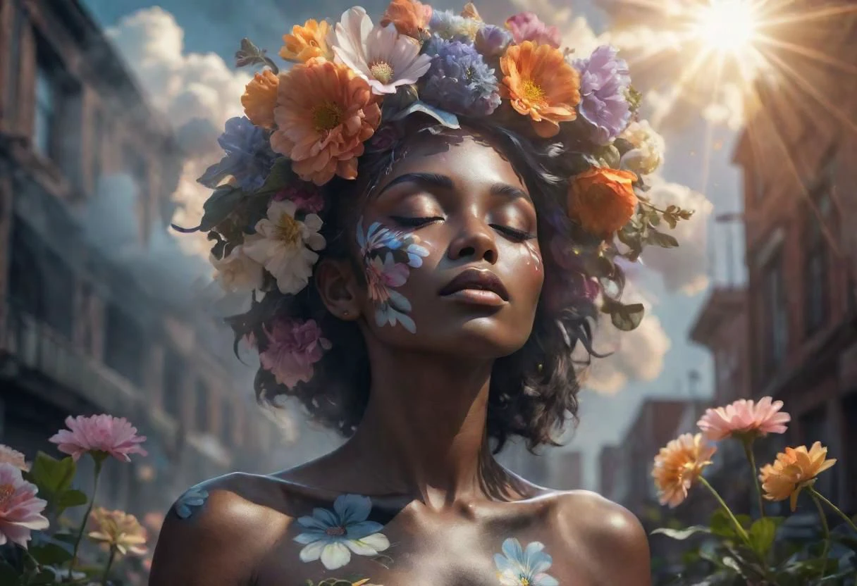 RAW photo art of a obsidian skinned stunning woman in urban floral wear, with her head in a cloud, flowers painted on her body and flowers in her hair, crepuscular rays, volumetric fill lighting, 8k, highly detailed