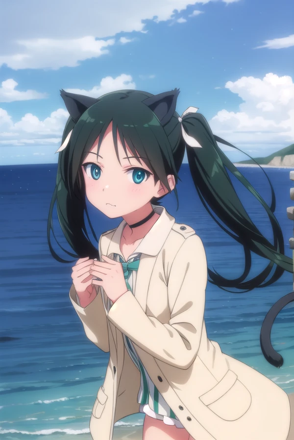 francescalucchini, <lora:francesca lucchini anime-lora-nochekaiser:1>,
francesca lucchini, black hair, ribbon, animal ears, twintails, (green eyes:1.3), hair ribbon, choker, fang, cat ears, cat girl,
BREAK uniform, military, military uniform,
BREAK outdoors, ship, ocean, sun, sky, clouds,
BREAK looking at viewer, (cowboy shot:1.5),
BREAK <lyco:GoodHands-beta2:1>, (masterpiece:1.2), best quality, high resolution, unity 8k wallpaper, (illustration:0.8), (beautiful detailed eyes:1.6), extremely detailed face, perfect lighting, extremely detailed CG, (perfect hands, perfect anatomy),