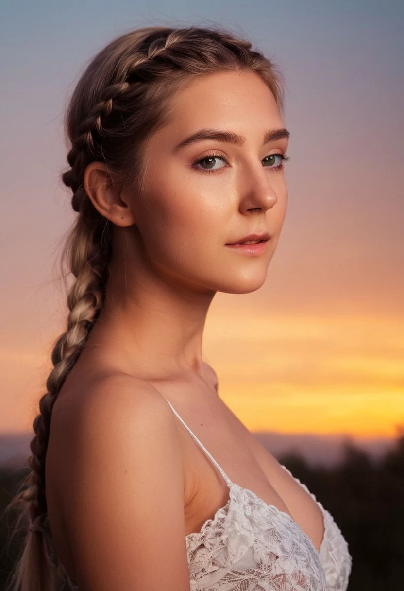 Dreamscape portrait photograph of evaelfie, upper body sunset, braided hair, flash photograph, high contrast <lora:Eva_Elfie_SDXL:0.8> . Surreal, ethereal, dreamy, mysterious, fantasy, highly detailed