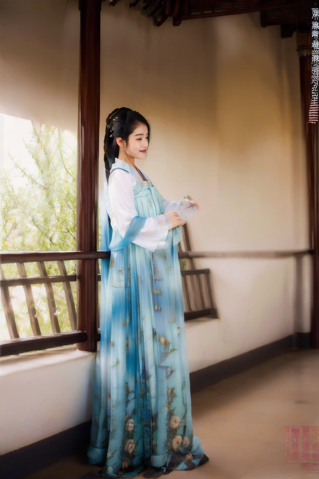 (1 girl:1.3), (best quality, masterpiece, ultra high resolution),(photorealistic:1.3), (realistic:1.3), depth of field, (day:1.2), (cinematic lighting:1.2),  hanfu, chinese dress,  <lora:HanfuLightBlueQixiong:0.8>