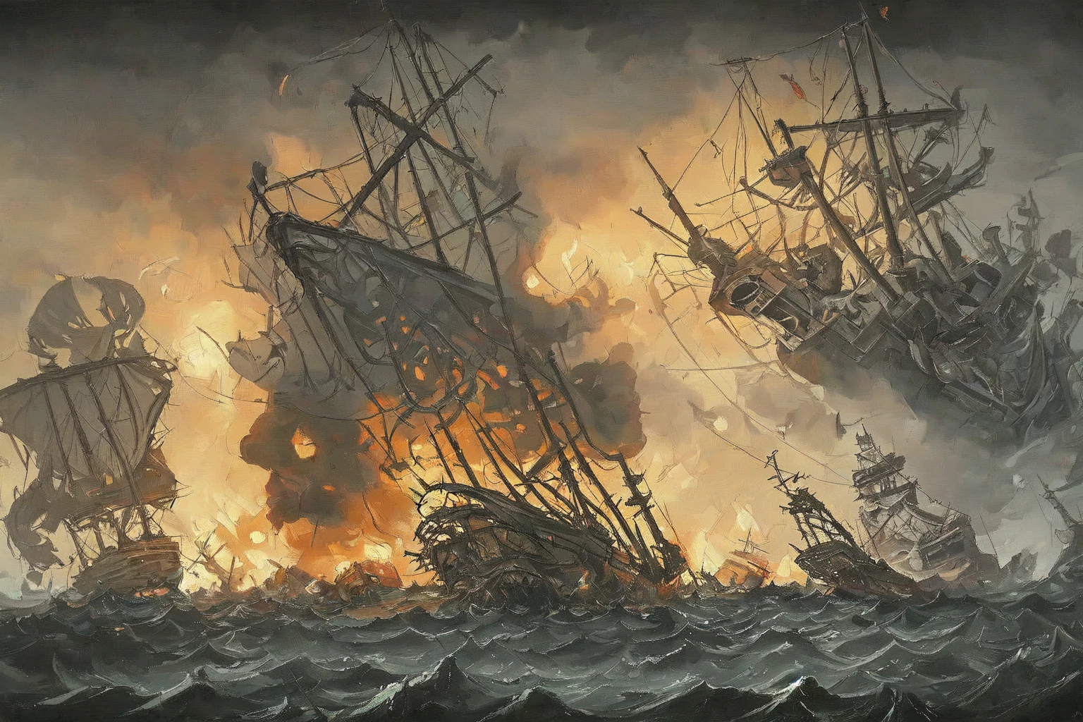 battle, burning ships, night action, wreckage, heavy seas, oil painting