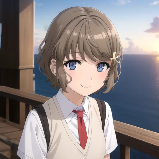 ((masterpiece)),(best quality),official art,extremely detailed CG,unity 8k wallpaper,ultra detailed,A lighthouse on a cliff by the sea,1girl,solo,upper body,(portrait:1.2),grey_skirt,short_hair,sweater_vest,school_uniform,white_socks,white_shirt,brown_hair,pleated_skirt,short_sleeves,hair_ornament,looking_at_viewer,smile,hairclip,blush,bangs,grey_eyes,blue_eyes,red_necktie,<lora:Koga Tomoe(sby)>,