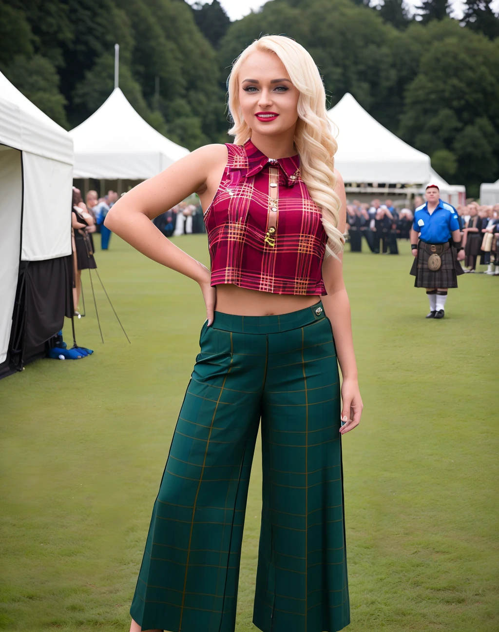 cinematic photo  <lora:quiron_IvanaSugar_v1_Lora:0.87> IvanaSugarQuiron woman, blonde hair,  . 35mm photograph, film, bokeh, professional, 4k, highly detailed, realistic,  a woman Highland Games wearing Sleeveless blouse and Cropped wide-leg pants: Wide-legged pants that end above the ankle.,