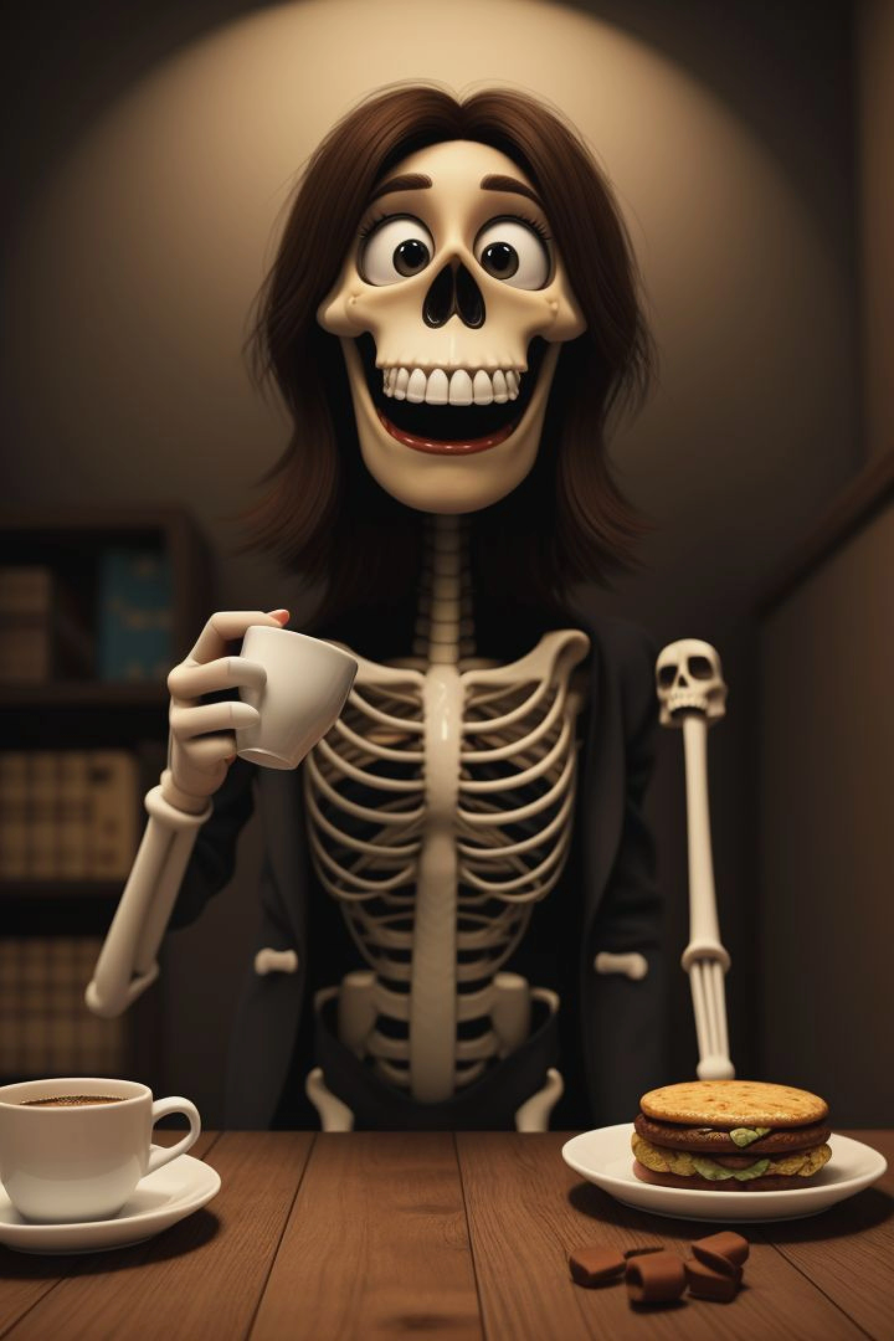 a very expressive and funny skeleton character holding a cup of coffee on a horror mansion hall. pixar disney 4 k 3 d render funny animation movie oscar winning trending on artstation and behance. ratatouille style.