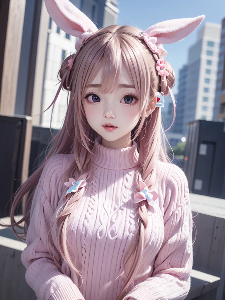 ygirl,(detailed outdoor), <lora:yuzurihagirl:0.5> ichiban iiewo tanomu,(highly detailed image of the cute woman in city),vibrant,(pink ultra long wavy hair), ð³,ahoge,(pink braided bun hair with bunny ears),aqua eyes,(pointy ears),look at viewer,((sweater:1.2)),