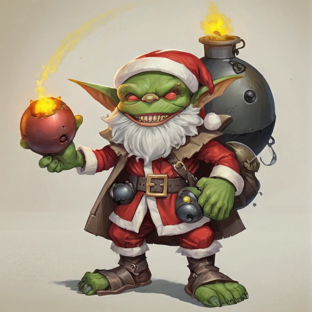 cartoon style, outline ,fantasy d&d image of a cute path_goblin, dresed as santa claus, with a bomb on his hand, <lora:Path_goblin:1>