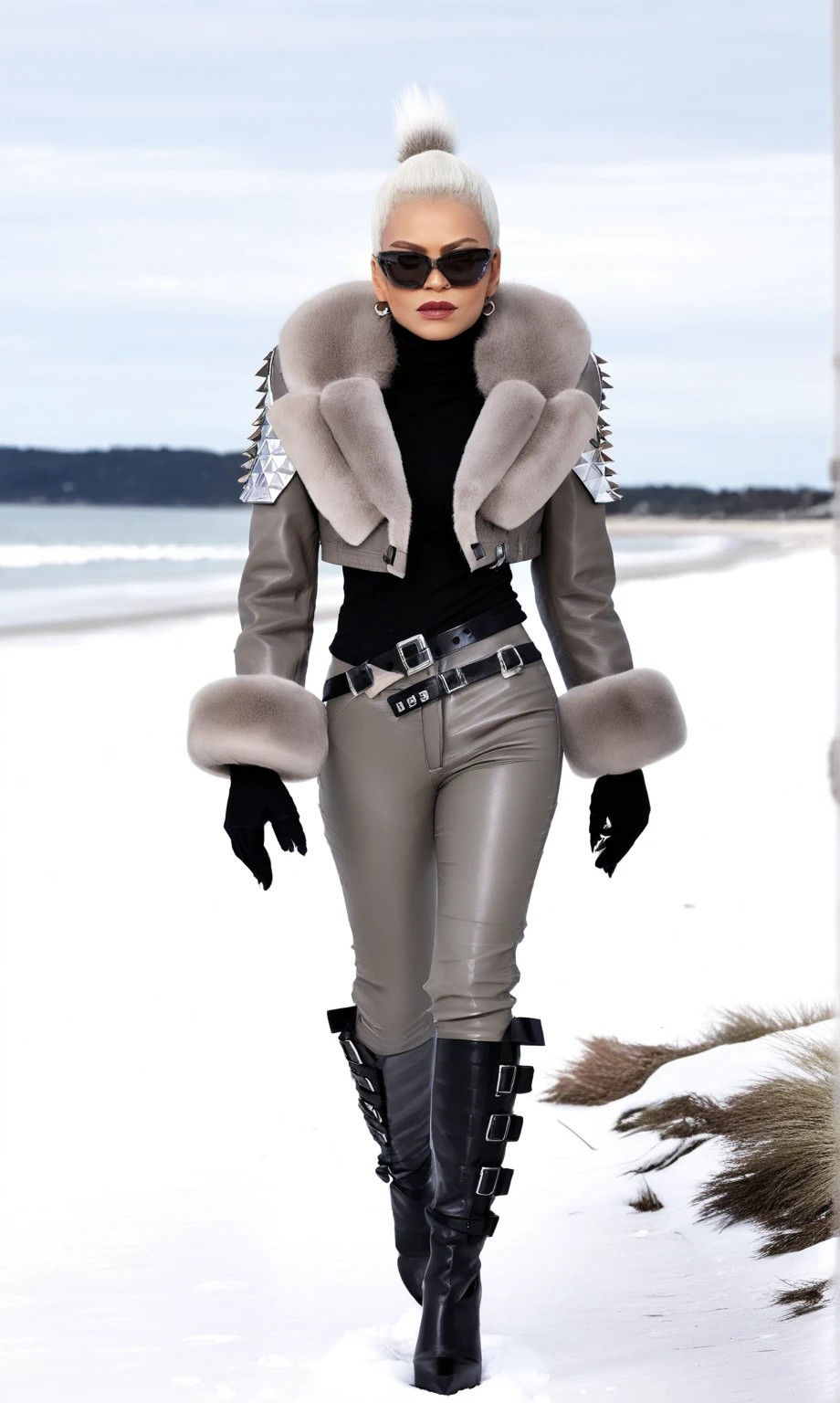 rk-studs, a gorgeous woman in a warm Platinum Gray Neutral leather jacket and pants with fur trimmings, walking down a snowy beach, neutral facial expression, wearing studded clothes with buckles and pyramids