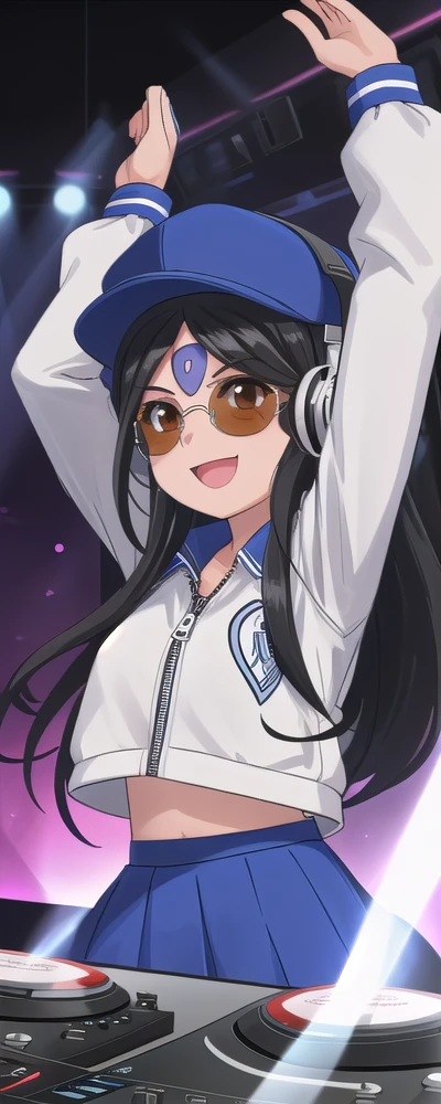 Skuld, 1girl, solo, portrait, big smile, arms in the air, headphones, zip jacket, sunglasses, hat, dj, nightclub, beam lights, perfect quality, good quality, masterpiece, HDR, UHD <lora:Skuld:0.7>