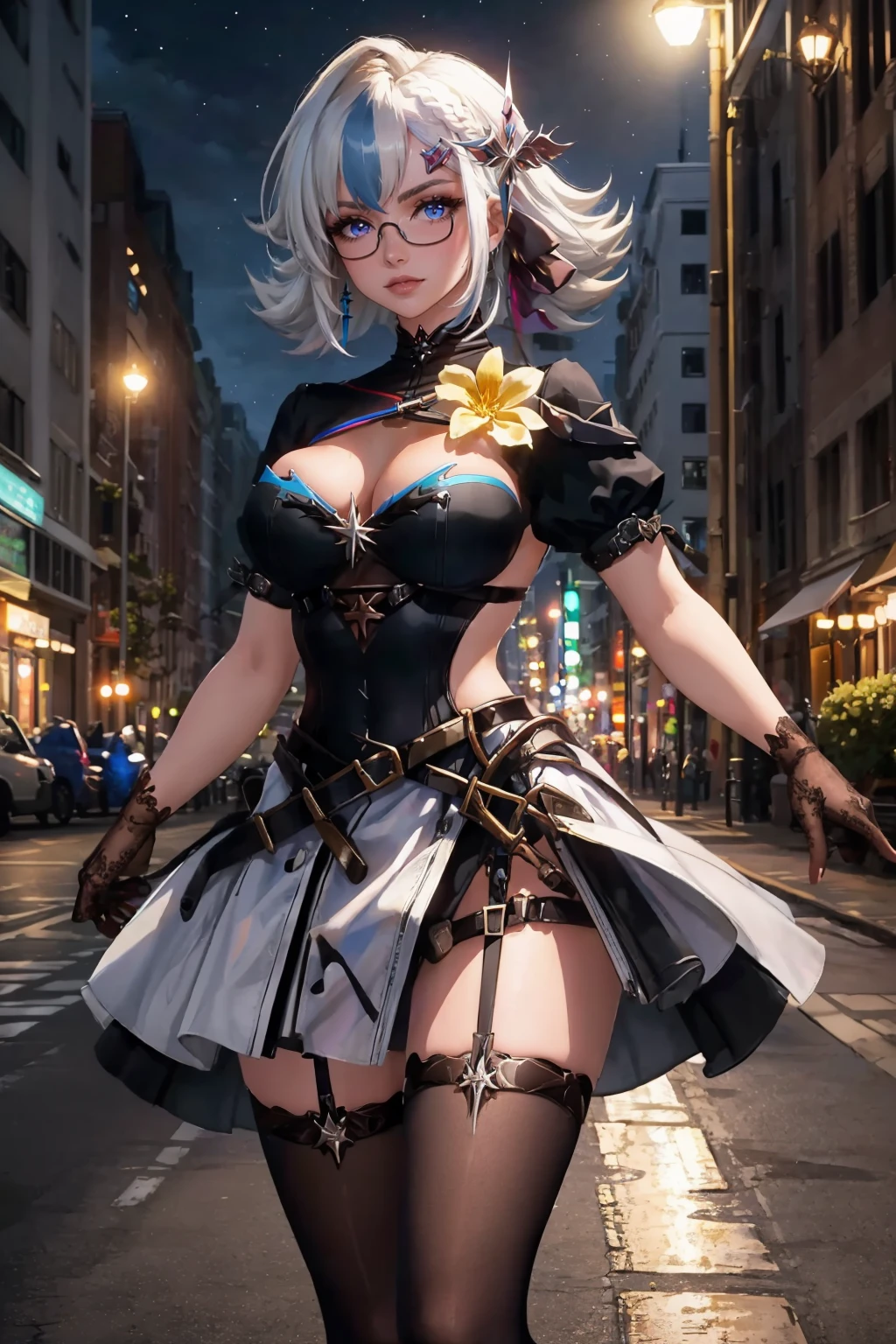 Solo, ((masterpiece)),(best quality),((ultra detailed)), (( blurry night background)), (dynamic angle),((beautiful detailed eyes), ((dynamic pose)), pretty face, ((sexy, cleavage)),((sucrosedef))