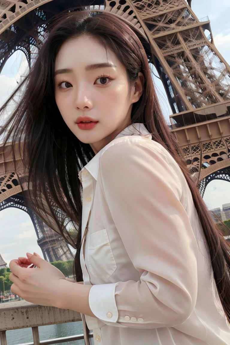 <lora:yangjeehyeon_obj20:0.6 >, full_body, standing, sandals, (shirt), pants, (eiffel tower), (yangjeehyeon: 1.2), perfect face, (contact iris: 1.1), pale skin, skin pores , depth of field