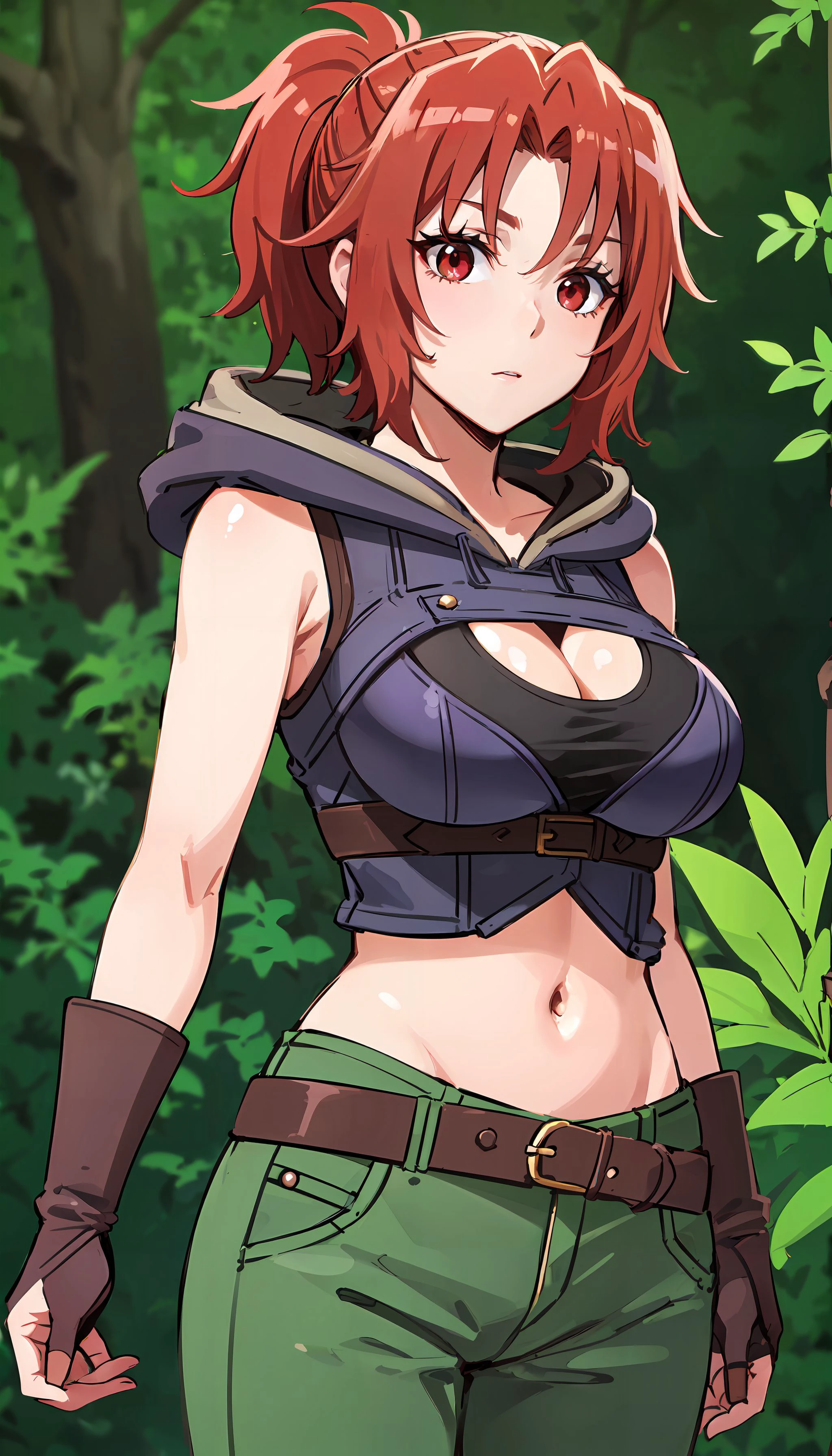 photorealistic, (4k), depth of field, (Masterpiece), (realistic skin texture), extremely detailed, intricate, hyper detailed, professional photography, bokeh, high resolution, sharp detail, best quality, woman, short ponytail, red hair, red eyes, (purple top:1.3), cleavage cutout, shoulder cutout, hood down, green pants, fingerless gloves, leather belt, <lora:Toa-000004:0.7> , <lora:GoodHands-vanilla:0.8> , sneaking in forest, (lush vegetation:1.5), bushes, trees, leaves,