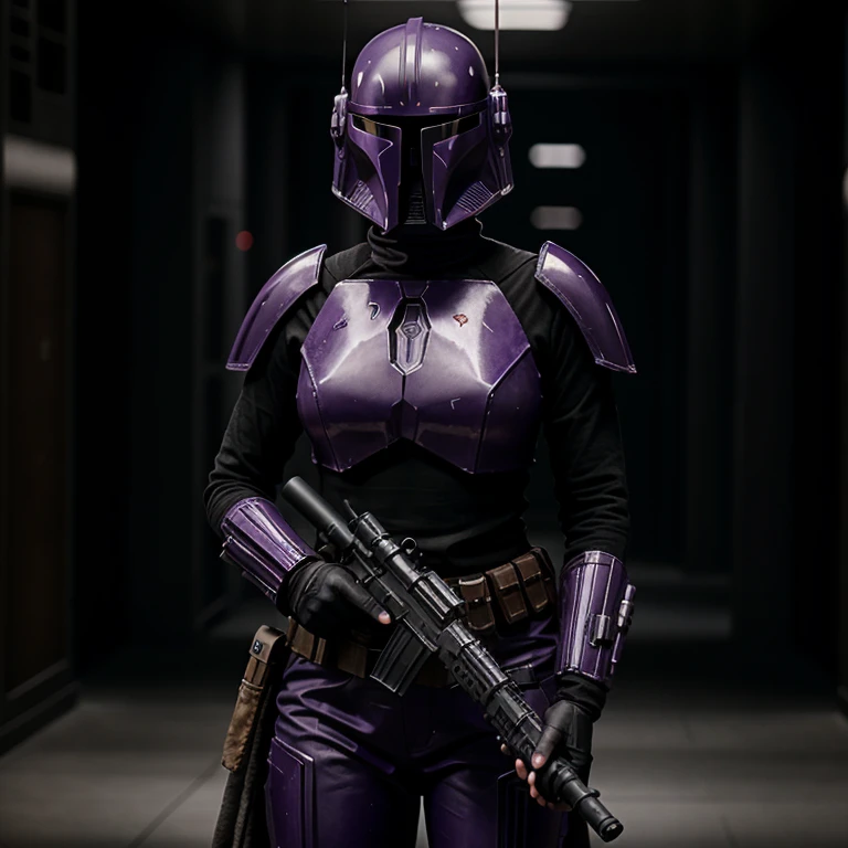 cinematic film still of <lora:Mandalorian Style SD1.5:1.2>
in star wars universe a woman in a purple outfit holding a gun Mandalorian style, shallow depth of field, vignette, highly detailed, high budget, bokeh, cinemascope, moody, epic, gorgeous, film grain, grainy