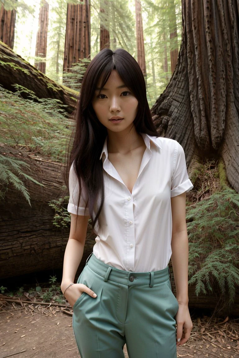<lora:noriko_kijima_obj20:0.6 >, full_body, standing, sandals, (shirt), pants, (california redwoods), (noriko_kijima: 1.2), perfect face, (contact iris: 1.1), pale skin, skin pores , depth of field