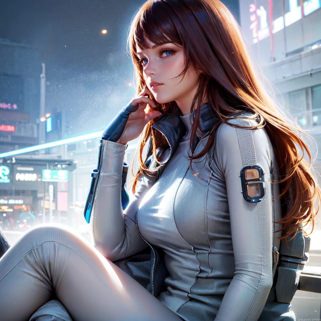 ((a woman sitting at a futuristic busstop looking cute, side view, looking at viewer, medium wide shot)) <lora:NicoGalaxyRangerLoRA:0.8> nico, with brown hair, white and blue outfit, beautiful eyes, beautiful girl, high detail skin, high detail eyes, high detail hair, highres, ultra detailed, detailed pores, imperfect skin, detailed reflective shiny skin, diffused skin pores,sharpen picture, Highly detailed, masterpiece, best quality, photorealistic,