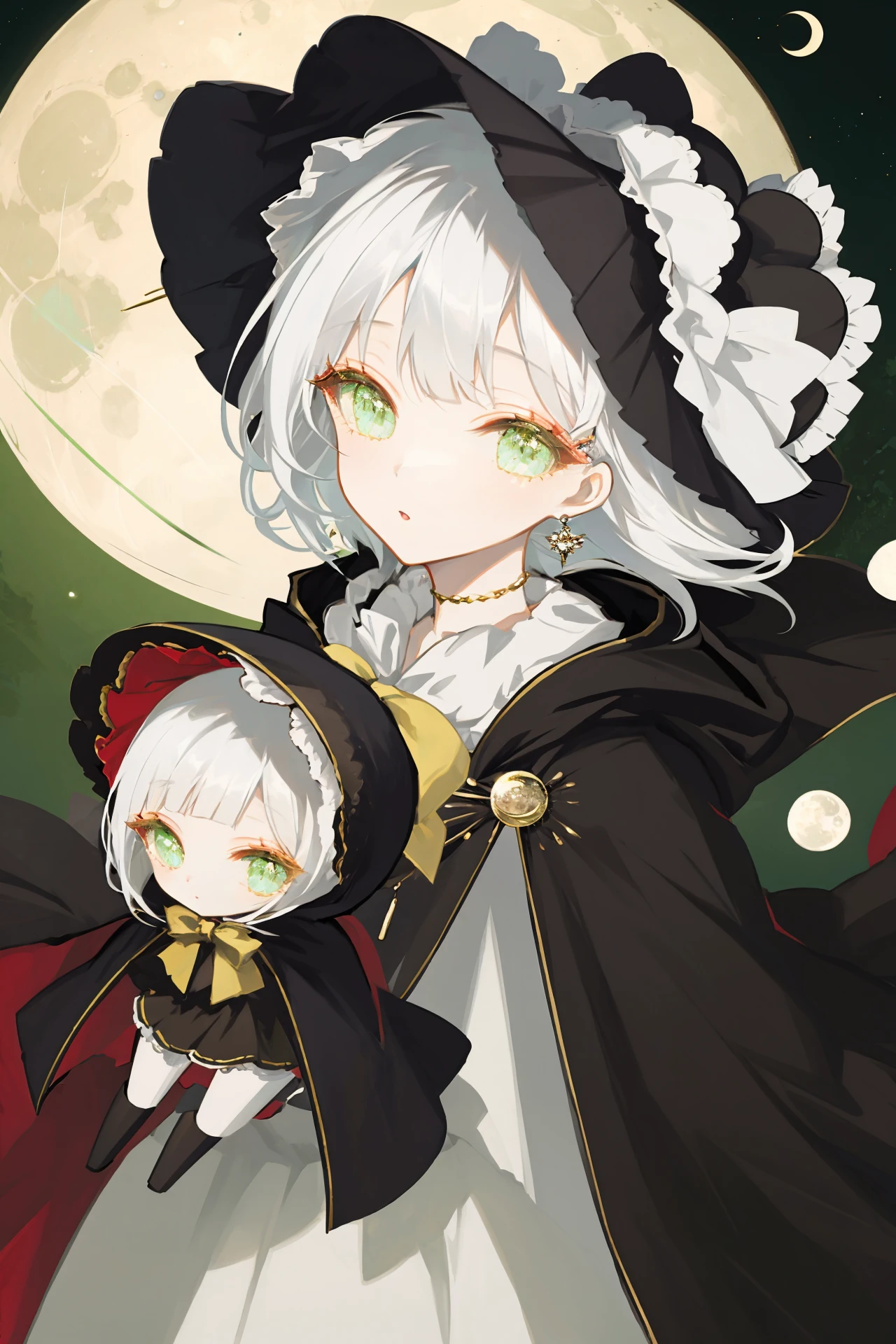 1girl, solo, doll joints, bonnet, white hair, joints, cloak, jewelry, bangs, green eyes, short hair, hat, moon 
/////////// <lora:HyatsuEX:1>