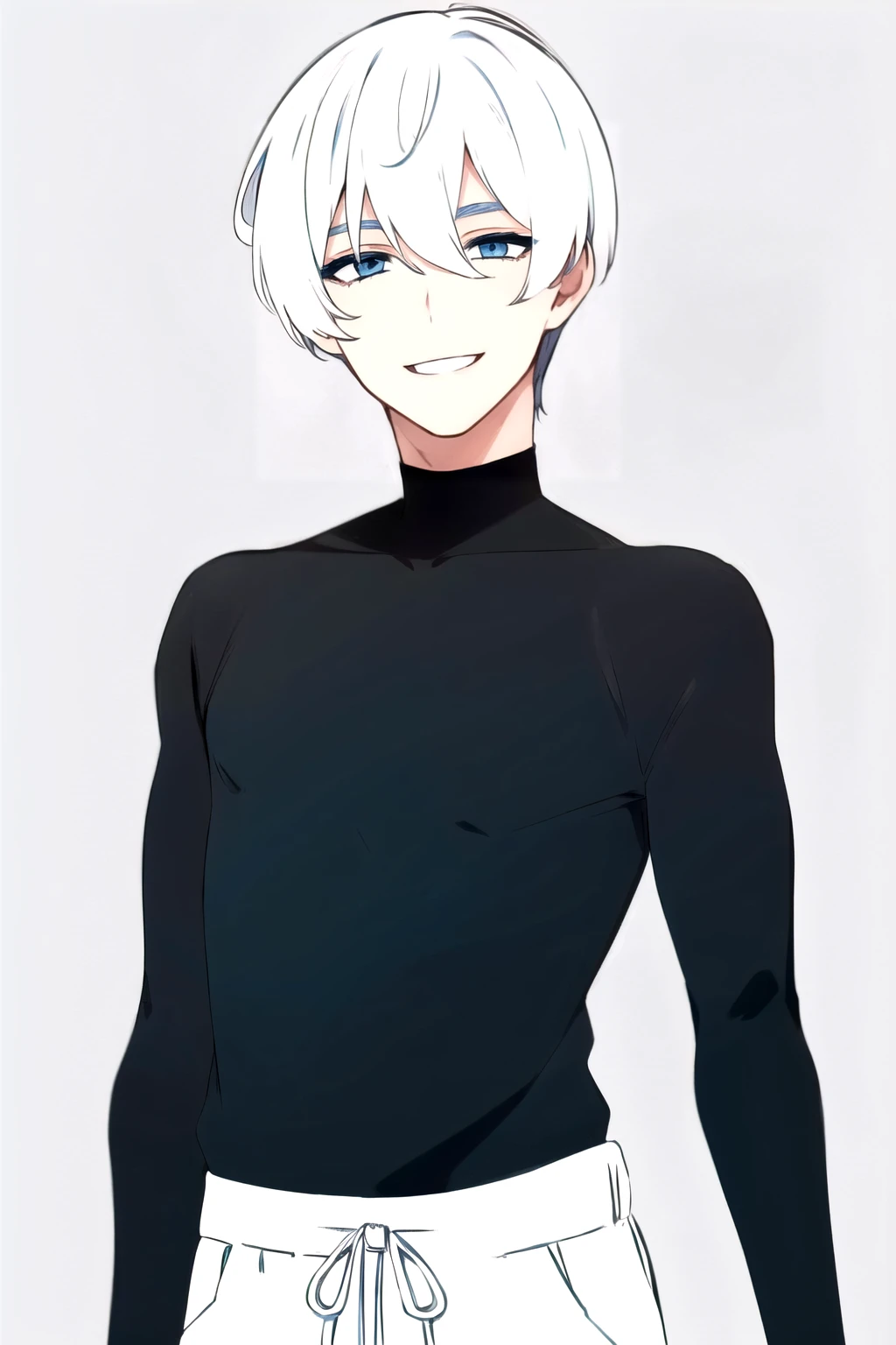 feminine man, white messy short hair, tight black tshirt, baggy white training pants, light blue eyes, standing, upper body, smile, looking at viewer, solo, white background,<lora:MatemiStyle:0.85>,