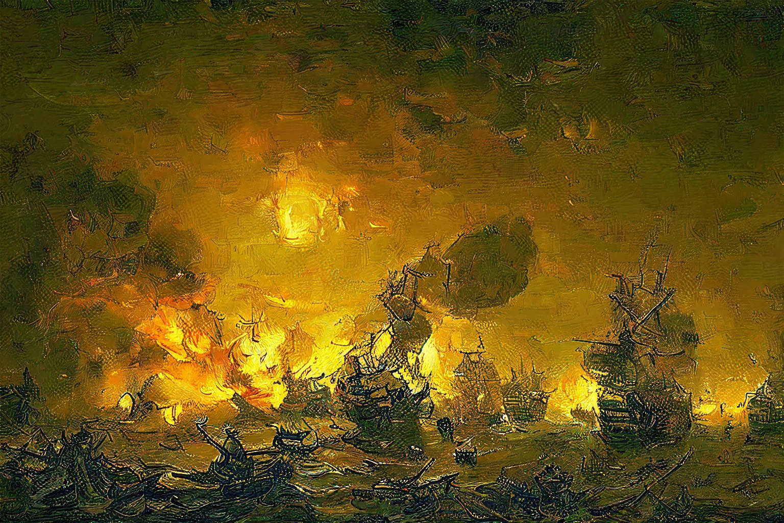 battle, burning ships, night action, wreckage, heavy seas, oil painting
