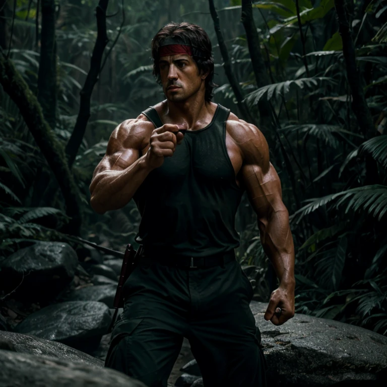 cinematic film still of <lora:Rambo 1982 SD1.5:1.2>
Rambo a man holding a combat knife in his hand hiding behind a rock in the jungle, shallow depth of field, vignette, highly detailed, high budget, bokeh, cinemascope, moody, epic, gorgeous, film grain, grainy