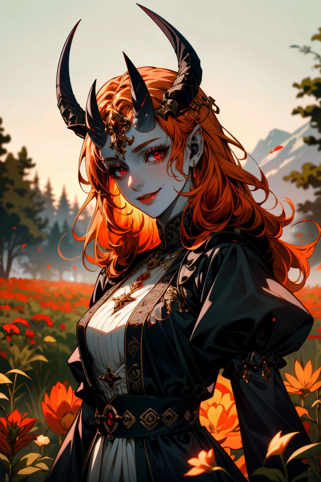 ((ultra detailed, masterpiece, best quality))
<lora:BGMizora:0.9>
BGMizora, 1girl, solo, orange hair, red eyes, colored skin, horns, demon girl, In a field of wildflowers, wearing a flowing dress, smiling