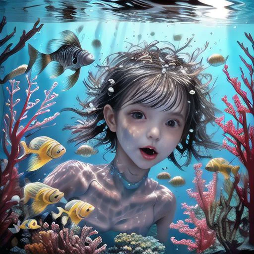 <lora:l4NYs[i:1>,the girl is underwater,the little fish swam around her,