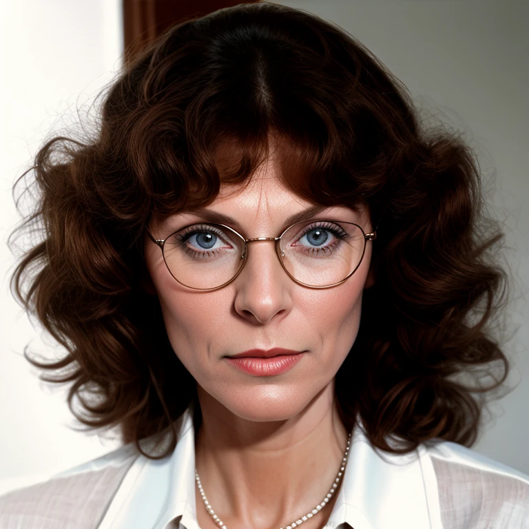 Hyperrealistic art of <lora:Kay Parker SD1.5:1.2> Kay Parker
a woman with glasses and a white shirt retro style, Extremely high-resolution details, photographic, realism pushed to extreme, fine texture, incredibly lifelike