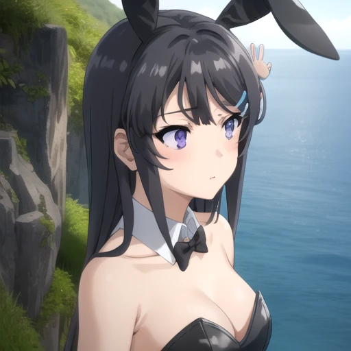 ((masterpiece)),(best quality),official art,extremely detailed CG,unity 8k wallpaper,ultra detailed,A lighthouse on a cliff by the sea,1girl,solo,upper body,(portrait:1.2),black_pantyhose,playboy_bunny,fake_animal_ears,rabbit_ears,detached_collar,long_hair,black_leotard,strapless_leotard,hair_ornament,black_hair,black_bow,shy,looking_to_the_side,cleavage,hairclip,black_bowtie,medium_breasts,purple_eyes,white_collar,<lora:Sakurajima Mai(sby)>,