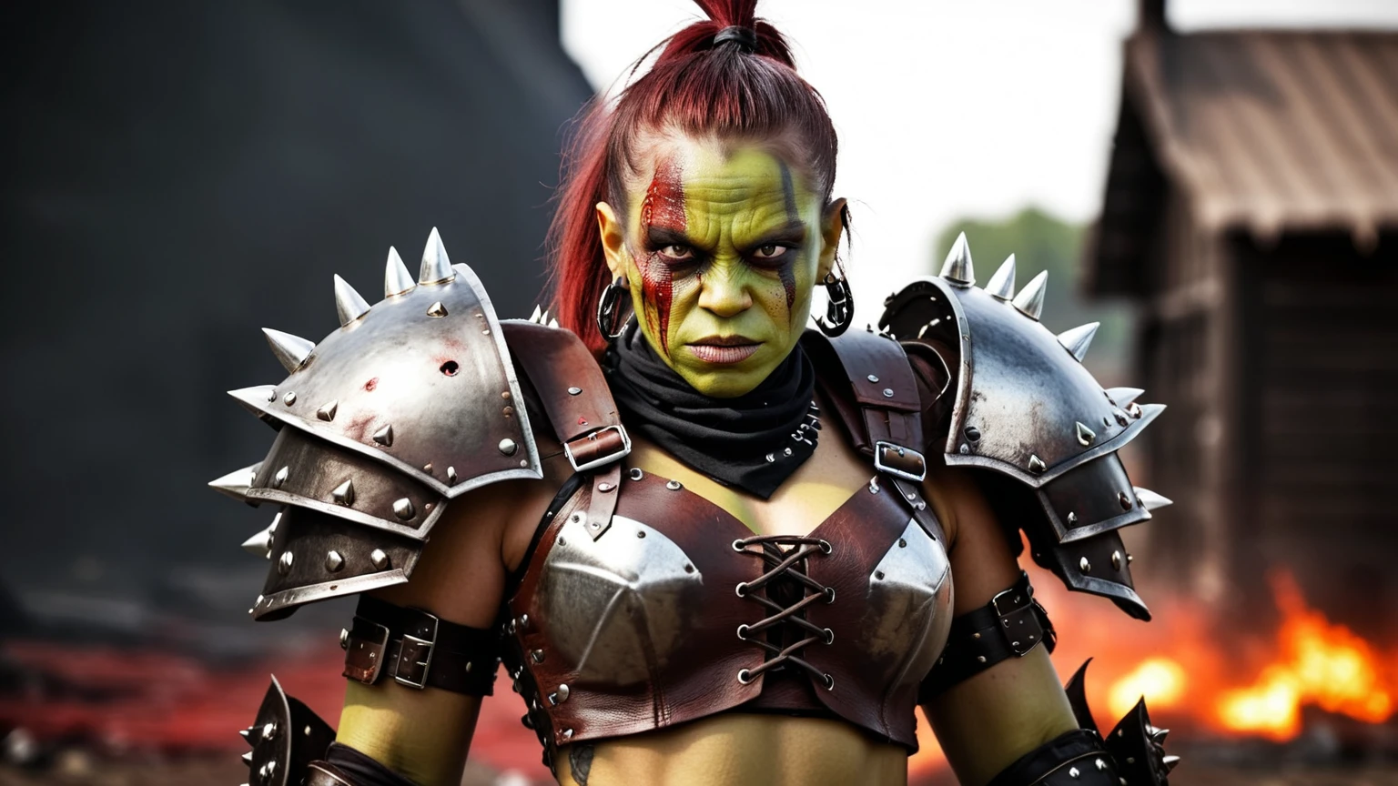 rk-studs, a female ork fighter wearing heavy studded leather armor on a bloody battlefield.