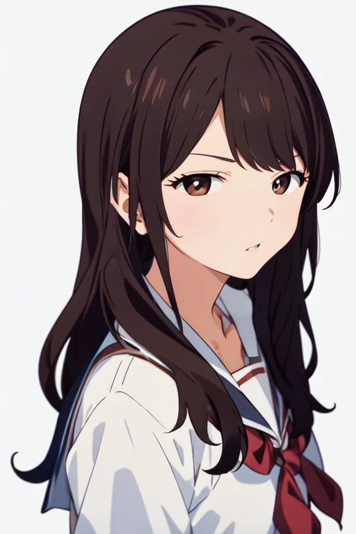 <lora:HitomiWashioR4:0.8>, HitomiWashioR4, brown eyes, brown hair, school uniform, simple background, masterpiece, highres, best quality