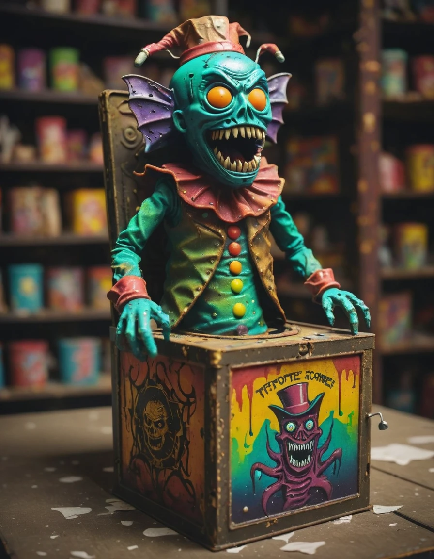 lovecraftian horror A vintage jackinthebox toy, its paint chipped and rusty from years of neglect, sits on a dusty shelf in an abandoned toy store, high contrast, vibrant colors, . eldritch, cosmic horror, unknown, mysterious, surreal, highly detailed,  <lora:Jack-In-The-BoxXl:1>