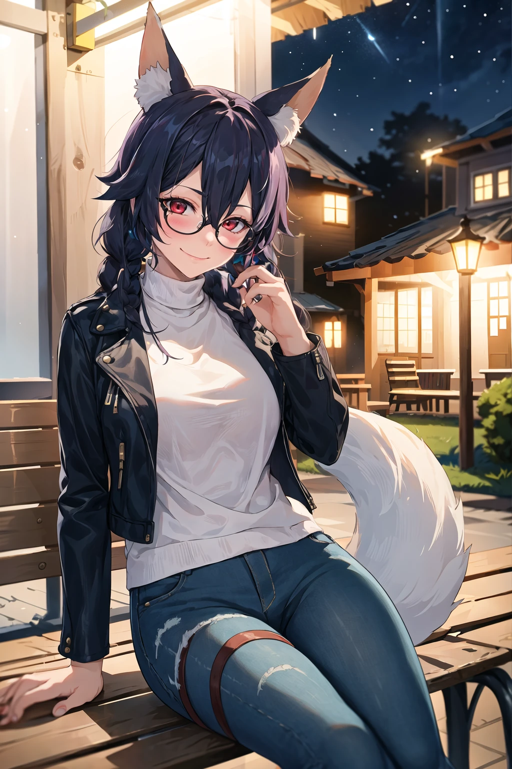 1girl, solo, sidelocks, twinbraids, black hair, red eyes, smug, smirk, glasses, sitting, bench, partk, at night, long hair, white sweater, leather jacket, black jacket, fox girl, fox ears, fox tail, jeans, black tail,thigh strap, skindentation <lora:houkisei-style_168512:1>