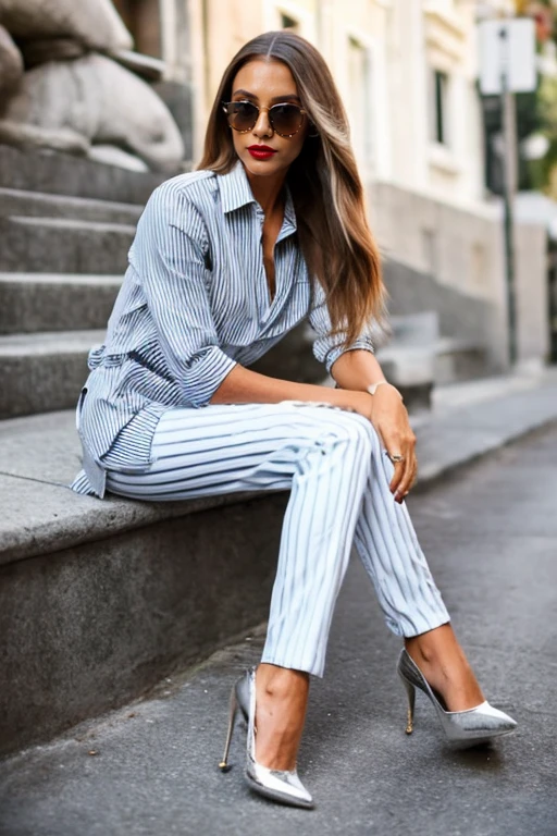 <lora:rudev_Chic:0.7>, sport chic,  lady sitting, striped shirt, silver shoes, long hair, sunglasses