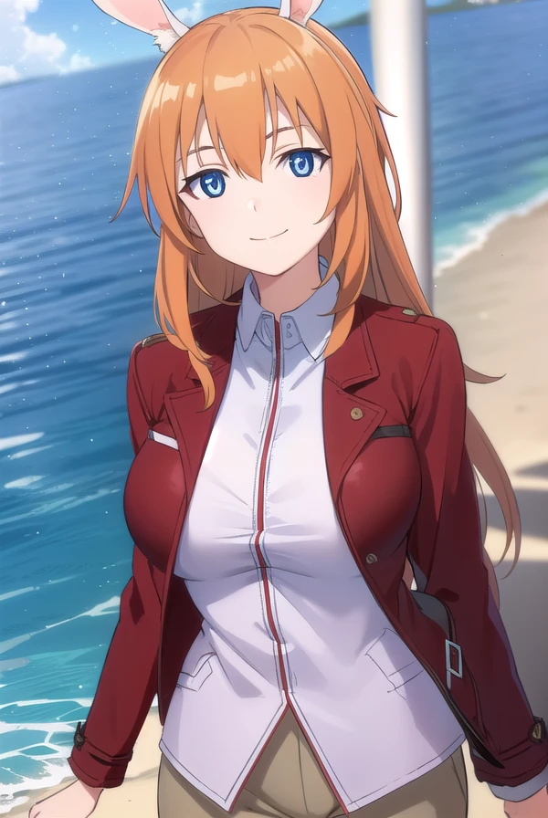 charlotteyeager, <lora:charlotte yeager anime-lora-nochekaiser:1>,
charlotte yeager, long hair, smile, blue eyes, animal ears, orange hair, rabbit ears, rabbit girl, smile,
BREAK shirt, white shirt, collared shirt, jacket, (red jacket:1.5), long sleeves,
BREAK outdoors, ship, ocean, sun, sky, clouds,
BREAK looking at viewer, (cowboy shot:1.5),
BREAK <lyco:GoodHands-beta2:1>, (masterpiece:1.2), best quality, high resolution, unity 8k wallpaper, (illustration:0.8), (beautiful detailed eyes:1.6), extremely detailed face, perfect lighting, extremely detailed CG, (perfect hands, perfect anatomy),