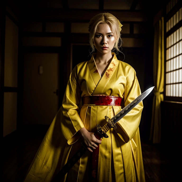 Horror-themed, <lora:samurai style SD1.5:1.2>
an epic cinematic photo of a blonde woman in a yellow outfit with blood on her cloth holding a sword in a room female samurai style, Eerie, unsettling, dark, spooky, suspenseful, grim, highly detailed