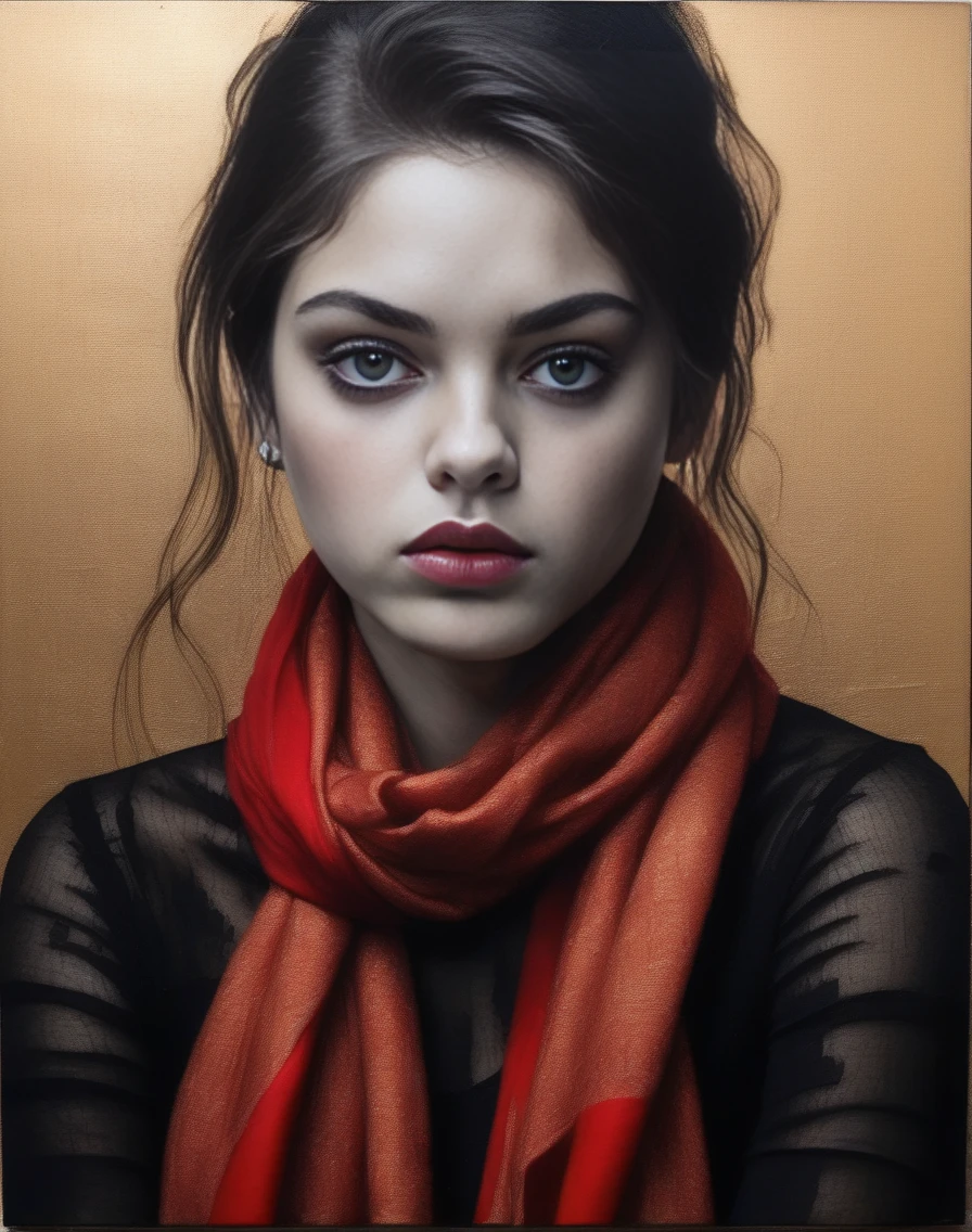 OdeyaRush,<lora:OdeyaRushSDXL:1>breathtaking portrait of a gorgeous girl, sultry, red scarf, dark gold and black, gossamer fabrics, jagged edges, eye-catching detail, insanely intricate, vibrant light and shadow , beauty, paintings on panel, textured background, captivating, stencil art, style of oil painting, modern ink, watercolor , brush strokes, negative white space