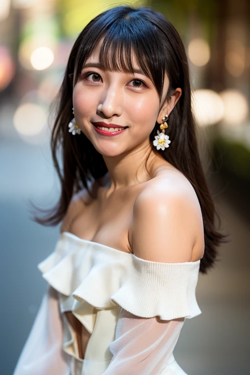 (erii:1.225), (smile:0.2), (closed mouth:1.5), shiny skin, 1girl, (curvy), bangs, long hair, straight hair, hair ornaments, small flower earrings, (looking at viewer1.2), city, slim body, blunt bangs, down-slanting eyebrows, bast shot, Off-Shoulder, dynamic pose, put index finger on mouth, <lora:erii_v1:1>  <lora:Japanese-doll-likeness:0.2>