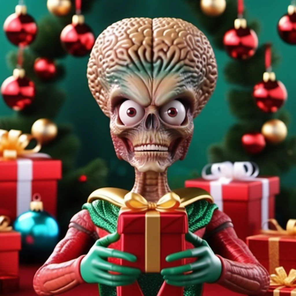 MarsAttack1024, an alien, christmas scenery, garlands, gifts, christmas tree, features intricate detail, detailed eyes, highly detailed, photography, ultra sharp, film, bokeh, professional, 4k    <lora:MarsAttack1024:0.7> <lora:add-detail-xl:2>
