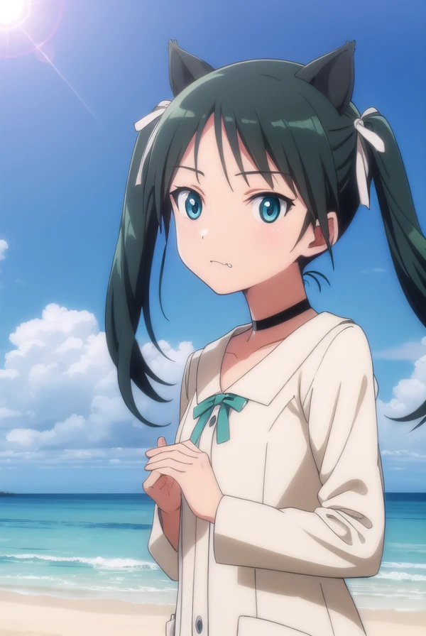 francescalucchini, <lora:francesca lucchini anime-lora-nochekaiser:1>,
francesca lucchini, black hair, ribbon, animal ears, twintails, (green eyes:1.3), hair ribbon, choker, fang, cat ears, cat girl,
BREAK uniform, military, military uniform,
BREAK outdoors, ship, ocean, sun, sky, clouds,
BREAK looking at viewer, (cowboy shot:1.5),
BREAK <lyco:GoodHands-beta2:1>, (masterpiece:1.2), best quality, high resolution, unity 8k wallpaper, (illustration:0.8), (beautiful detailed eyes:1.6), extremely detailed face, perfect lighting, extremely detailed CG, (perfect hands, perfect anatomy),