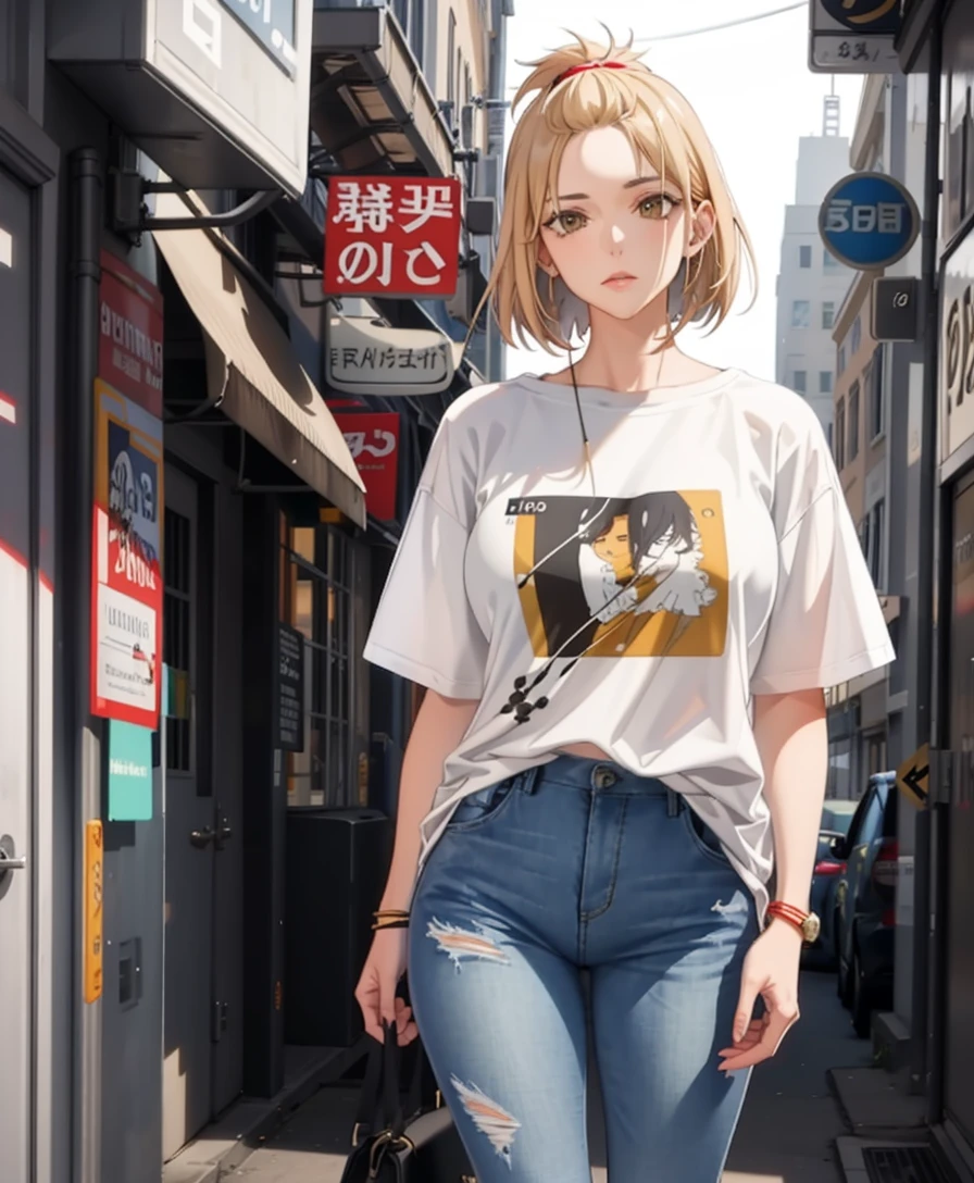 mature female, bangs pinned back,  t-shirt, jeans, thighs, street, 
<lora:bangs-pinned-back-08:1>