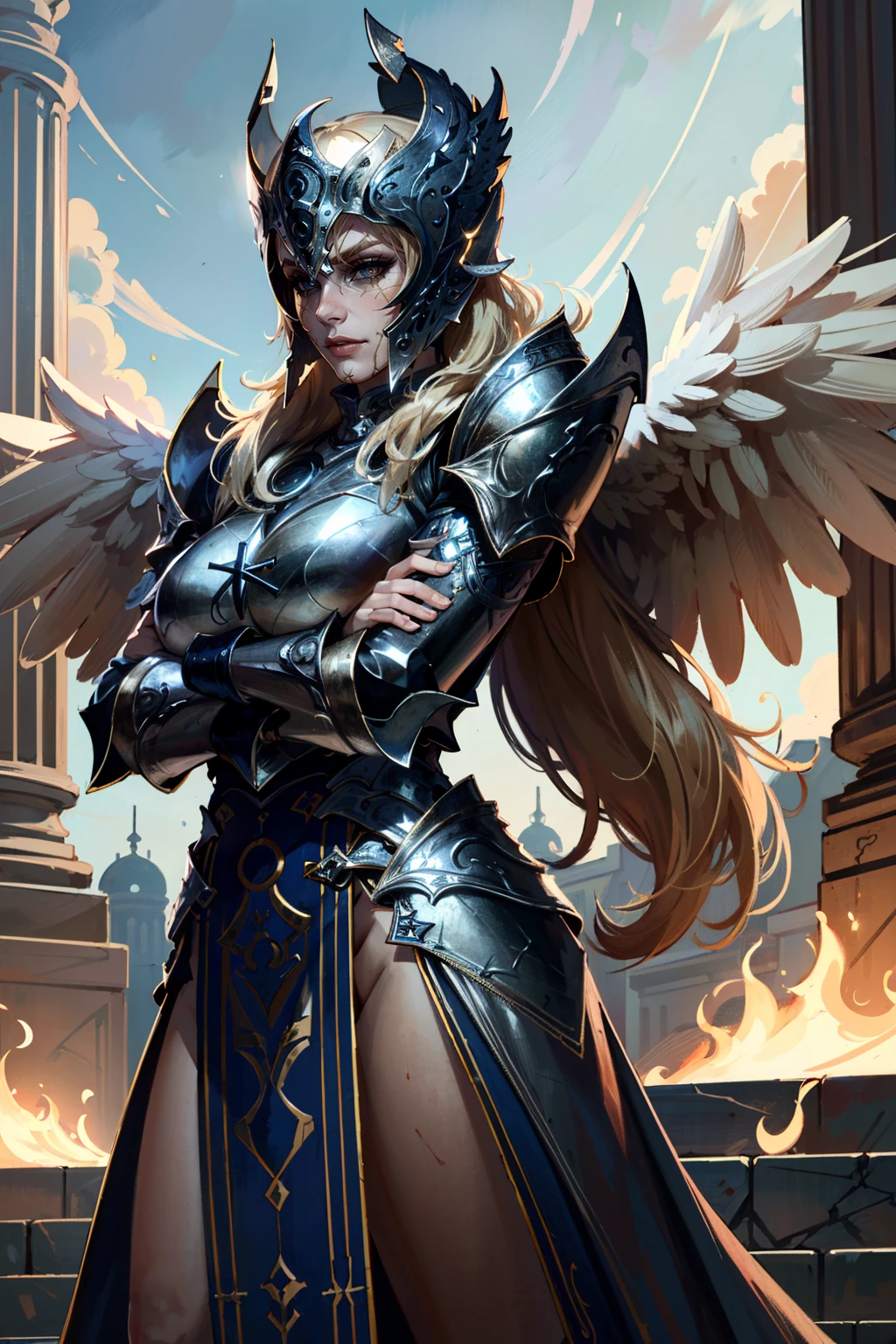 ((ultra detailed, masterpiece, best quality))
<lora:BGDameAylin:0.9>
BGDameAylin, 1girl, solo, long hair, blonde hair, cracked skin, armor, angel wings, helmet, Crossed arms