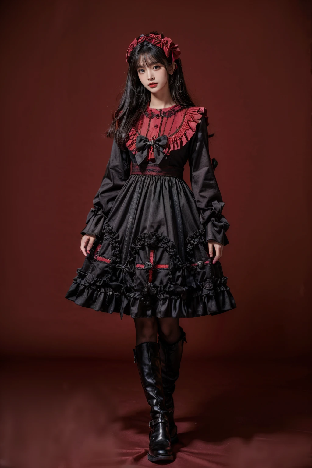best quality, masterpiece, photorealistic, 1girl, solo, full body, standing, long straight hair, looking at viewer, cyb dress, frilled dress, frills, gothic, bow, long sleeves, boots, simple background, <lora:gothic_attire_style1_v1:0.7>, <lora:add_detail:1>