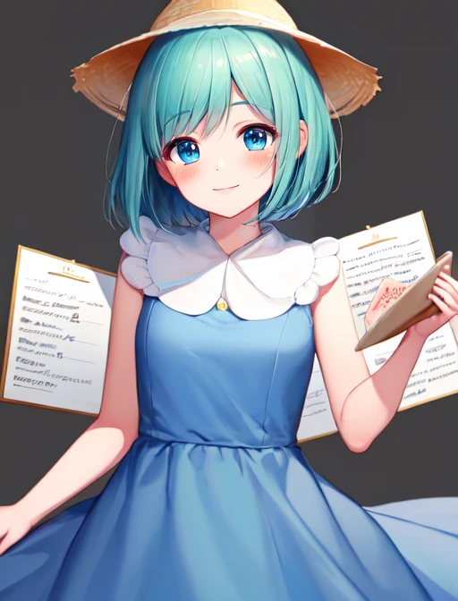 best quality, masterpiece, highres, detailed, digital artwork, <lora:Detail - add_detail:0.2>, MintPop, aqua hair, bob cut, blue dress, white collar, yellow hat, <lora:Character - MintPop:0.8>, character select, simple background, smile, blush, menu,